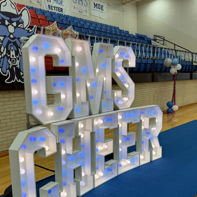 GMS CHEER light-up marquee letter rental setup by Meek Designs in Midland-Odessa, TX