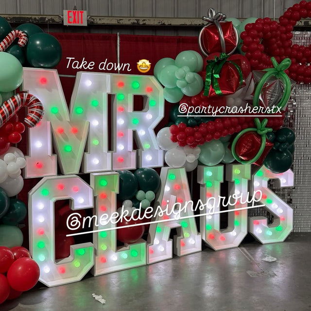 MR CLAUS light-up marquee letter rental setup by Meek Designs in Midland-Odessa, TX