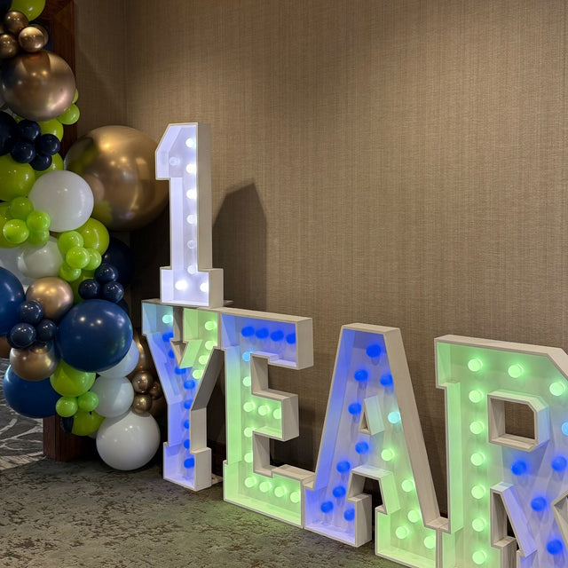 ONE YEAR light-up marquee letter rental setup by Meek Designs in Midland-Odessa, TX