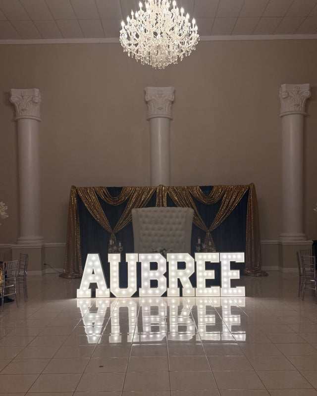 AUBREE light-up marquee letter rental setup by Meek Designs in Midland-Odessa, TX