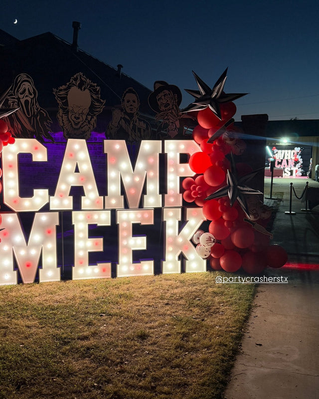 CAMP MEEK light-up marquee letter rental setup by Meek Designs in Midland-Odessa, TX