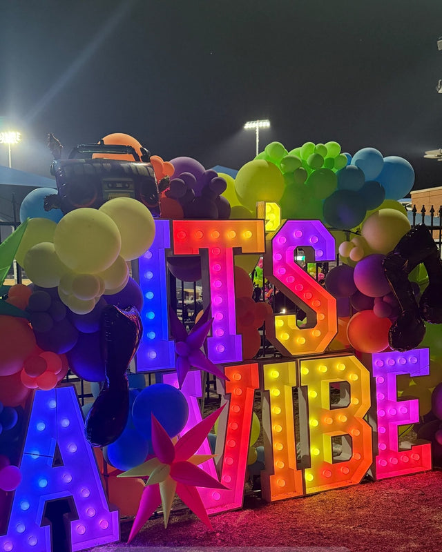 ITS A VIBE light-up marquee letter rental setup by Meek Designs in Midland-Odessa, TX