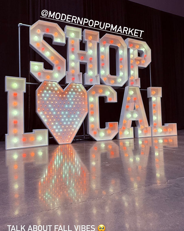 SHOP LOCAL light-up marquee letter rental setup by Meek Designs in Midland-Odessa, TX