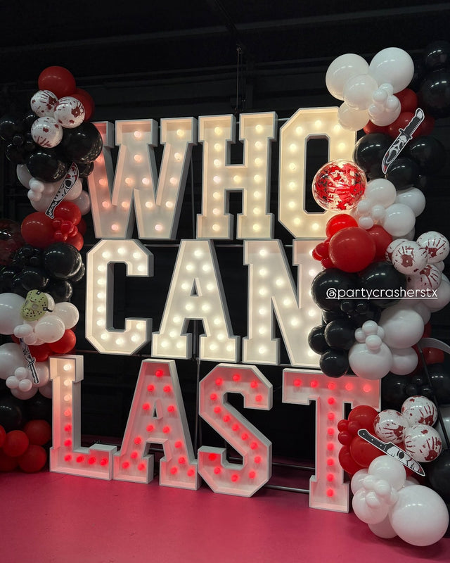 WHO CAN LAST light-up marquee letter rental setup by Meek Designs in Midland-Odessa, TX