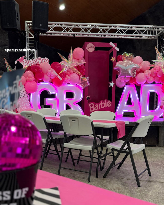 GRAD light-up neon marquee letter rental setup by Meek Designs in Midland-Odessa, TX